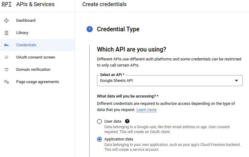 Google Sheets API, create credentials